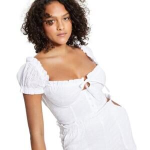 Bar III White Eyelet Underwire Puff Sleeve Sweetheart Tie Blouse Crop Top 10 NWT